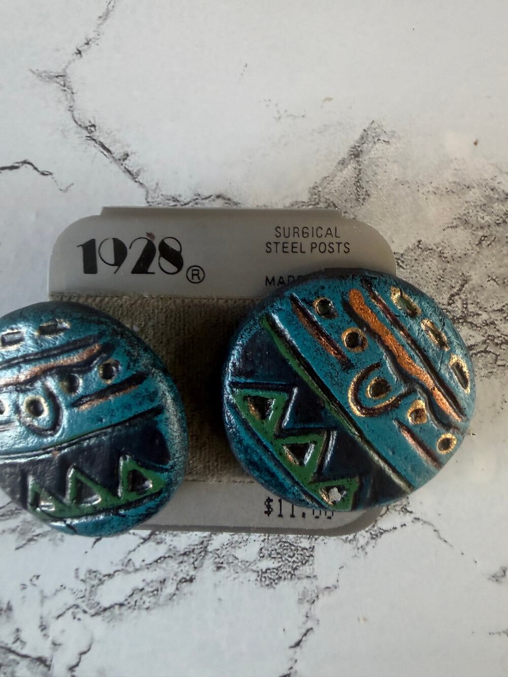 SKU3327 1928 Brand Blue Tribal Round Earrings 1.5" - Blue, Black, Copper, Green